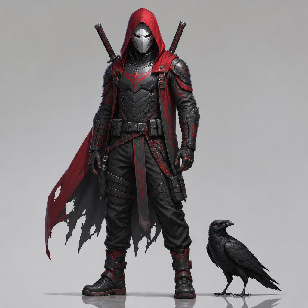 male Villian mercenary, red hood full white face mask, two swords on back, red eyes, crow, suit design, full body