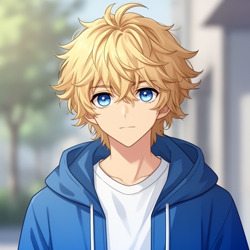 Boy with fluffy medium length blond hair white shirt blue hoodie blue eyes 17years