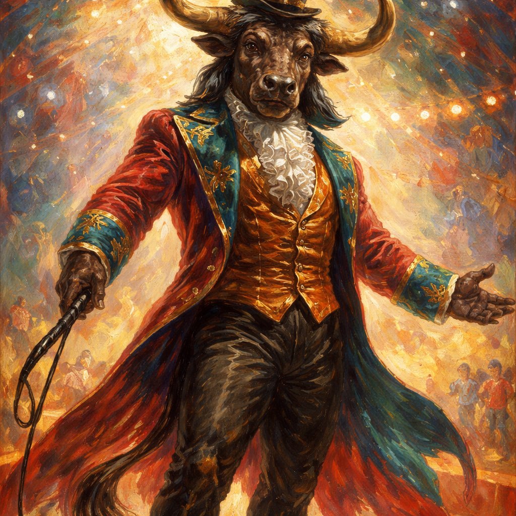 A 6 1/2 foot tall, well~proportioned Minoan male Minotaur with a humanoid-Cretan bull smooched face with deep set bovine brown eyes, long forward-curving horns like his fathers and a bovine tail. His skin and fur being a captivating earthy umber color. He works at freak show as the ringmaster. His outfit consists of a crimson and teal tailcoat, frilly shirt, stunning muted copper blazer, black pants and top hat. His abilities are Reality Rejection, Time Manipulation (Chronokineses), Zoolingualism (Language of Cattle only), Human Speech. His mother is a Minoan with some animal (Aurochs Cattle) physiology and his father is the Cretan Bull.