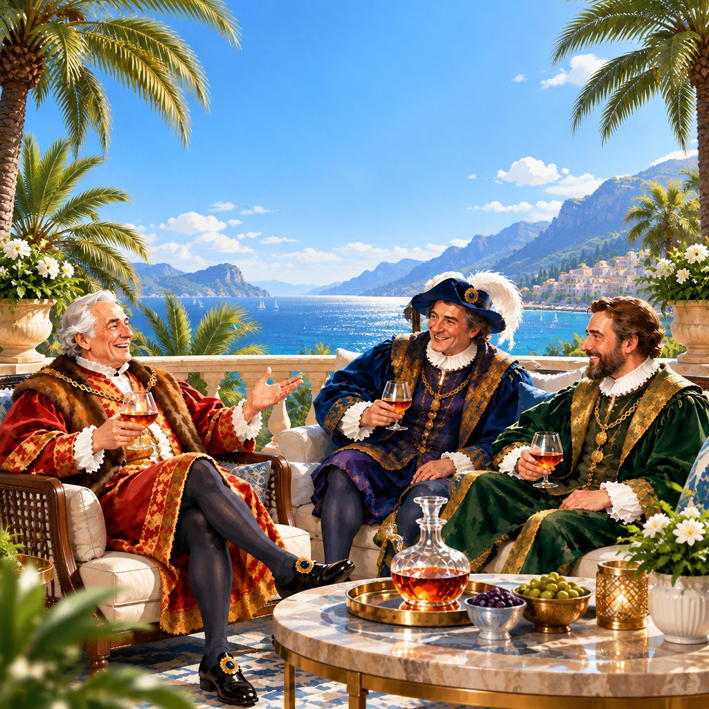 a painting of two men sitting on a couch talking