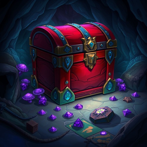 Closed elegant red wooden treasure chest with blue banding sitting on cave floor