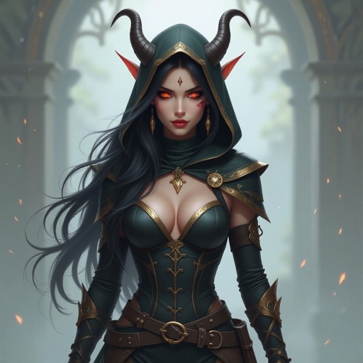 Create a 17 year old beautiful tiefling. She has long black hair with a streak of gold going through. She is very beautiful. She has one red eye and one black one. She has light tan skin and has skin coloured patterns. She has small horns and is very alluring. She is wearing skin tight long sleeves and trousers their and adventure clothes with a hood. She is 5’8 and 113  pound and very sexy with an hourglass figure. She also has a toned slim model build. She is also wearing black boots.  She is also badass and very cool
