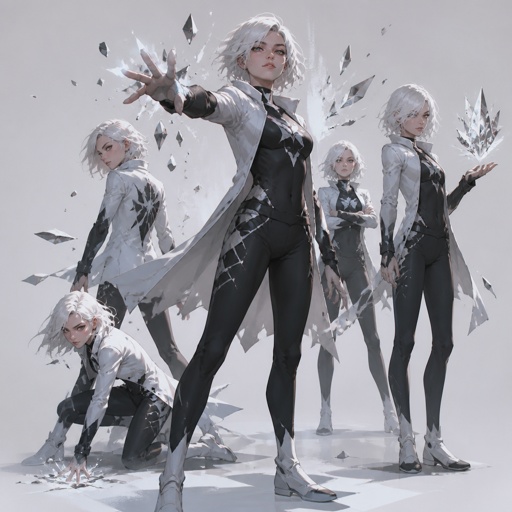 Female teen superhero with shatter abilities, white hair, white skin, multiple of the same character