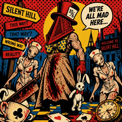 Silent Hill with pyramid head and the nurses with an Alice and wonderland spin with mad hatter as pyramid head