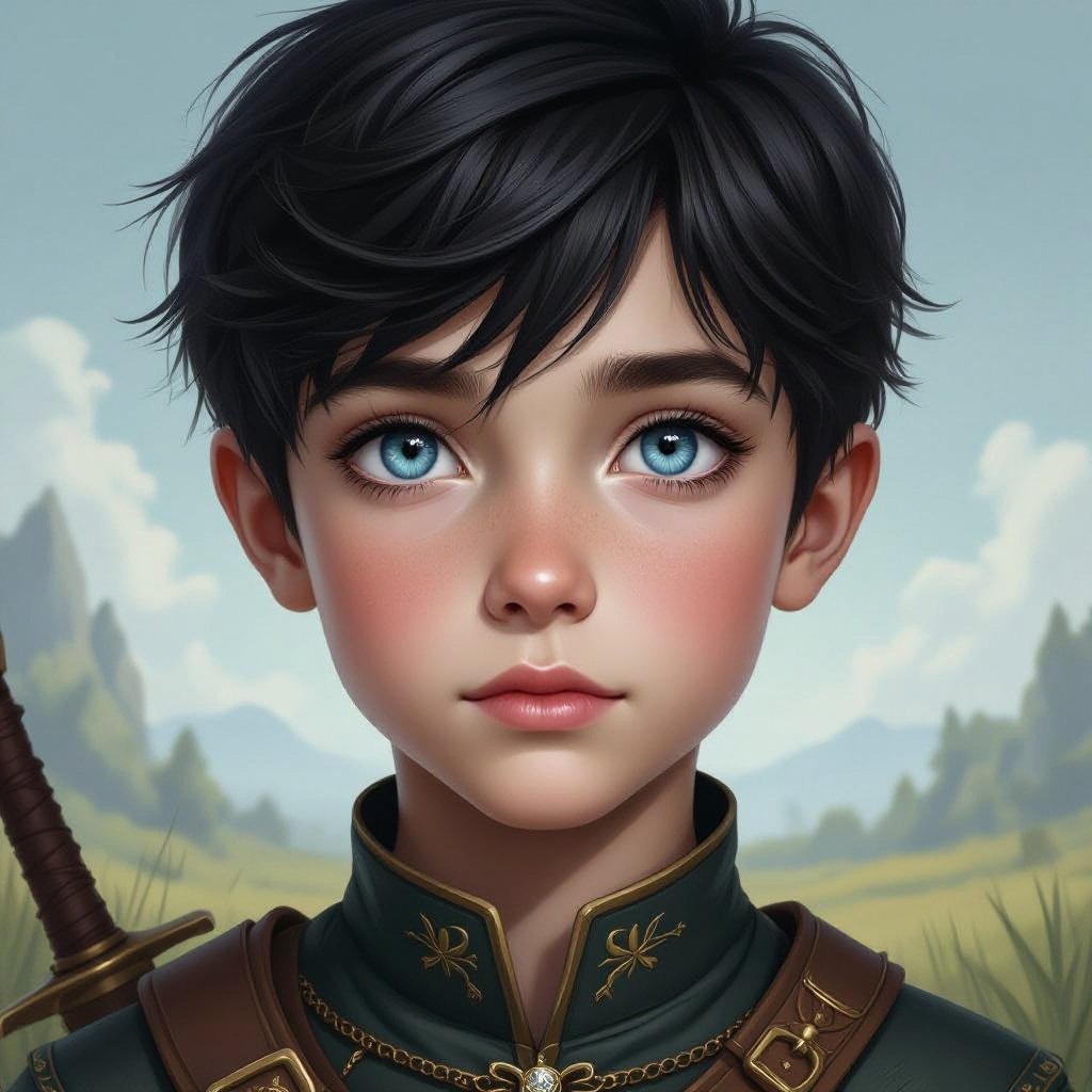 a pale boy 12 years, short black hair, with heterochromia eyes, one navy blue eye, one light blue eye. medieval outfit. fantasy landscape