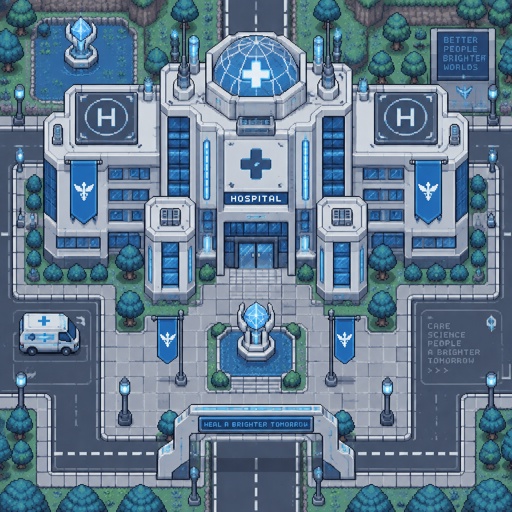 Hospital for a fantasy game set in futuristic times city, full building, exterior, top down style
