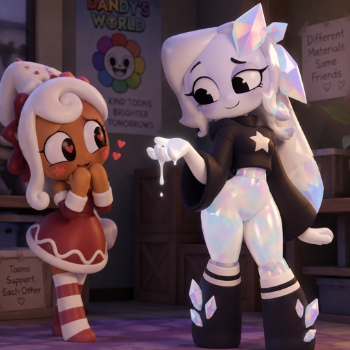 Ginger from Dandy’s world watching my dandy’s world Oc and summer main Crafter the Opalite shard who happens to be Gingers love showing her white Ichor aka Purified Ichor and Ginger notices that her legs and hips and waist are Opalite and the tops of her socks have Opalite crystals on them but she doesn’t mind 