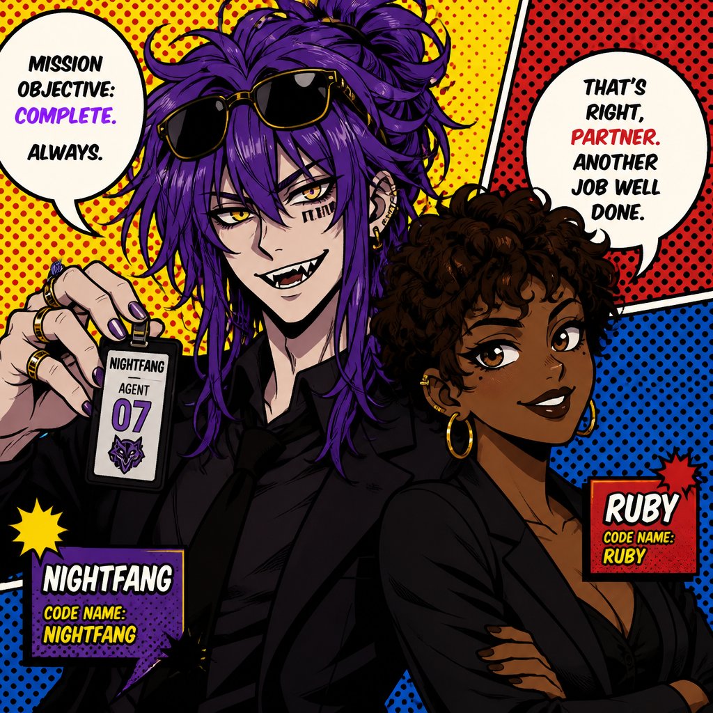 Anime style,Agent Ward,long messy hair in a messy loose up tied bun, violet hair,clean shaven,skin color white,he’s made in a secret lab to be the best weapon and good at everything highly skilled in many things the scientists are scared if he gets out of control,kept in check by lab facility, they have an emergency back up incase he gets out of control, yellow night vision eyes,sharp teeth,sunglasses on head,cares about his partner but doesn’t admit it,likes making jokes, can be reckless mischievous and dangerous,extreme dark powers do to lab experiment ,best agent,late 20s,tired,tall,migraines,sensitive to light,jokes,hates being told what to do,intimidating,laugh like a maniac .Partner Ruby she has brown hair a little above the neck curly,brown eyes, dark skin,serious,goes by the rules, gets annoyed by Ward but conceders him as a friend try’s telling him to sleep,doesn’t like his jokes during work,has been given a device to trigger a shut down on Ward in case he gets out of control but really hopes she never has to