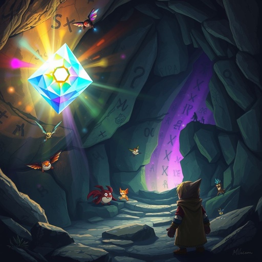 Brilliantly sparkling magical gem floating by itself in a cave
