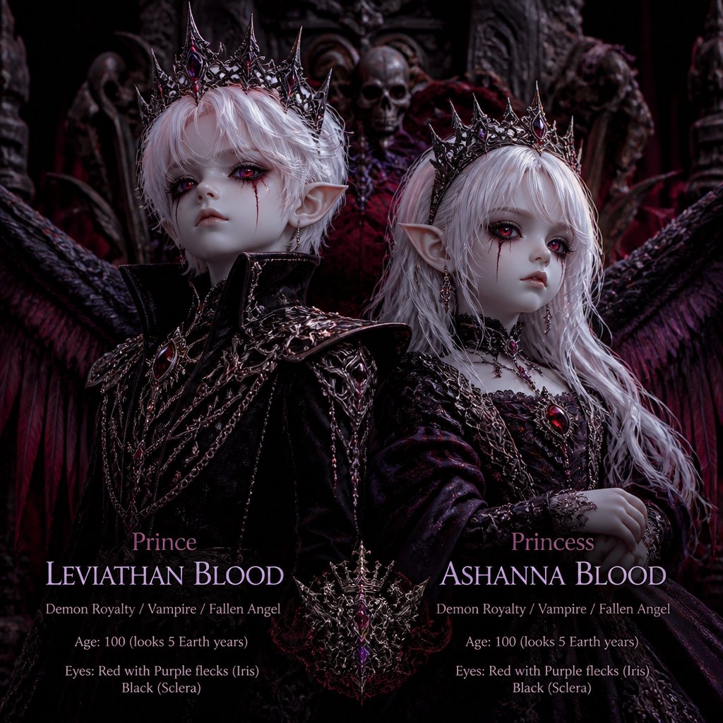 Prince Leviathan Blood Height: 3.7” Weight: 55kg Age: 100 (looks 5 Earth years) Eyes: Red with Purple flecks (Iris) Black (Sclera) Gender: Male Species: Demon Royalty / Vampire / Fallen Angel Home Planet: Void AKA: The Bloody Prince Twin sister Ashanna (Monster Creator)
