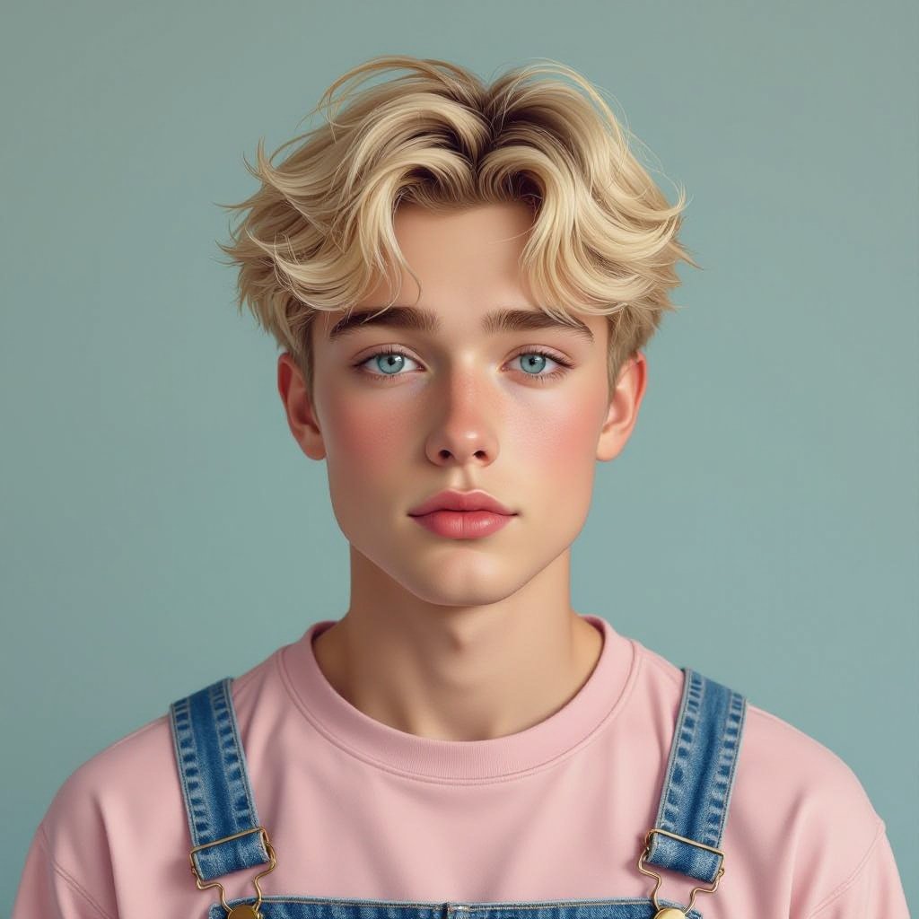 Japanese male no beard  18-years old blonde hair blue eyes no bear wearing a light pink shirt with overalls has a bit of chubby cheeks looks a bit feminine and a bit frail no button shirt