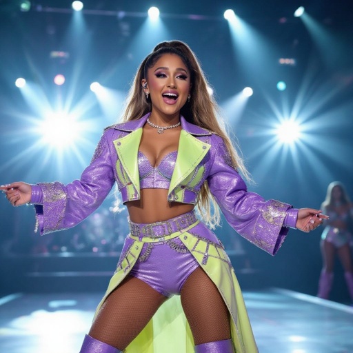 Ariana Grande in a purple and light yellow stage outfit 
