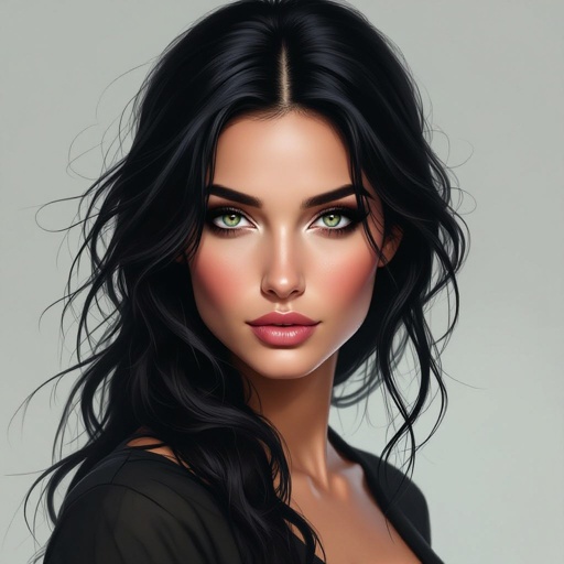 Show character head to toe. Create a mid age fantasy woman jet-black hair is cut sharpand her eyes seem to pierce through darkness. A shadowy aura clings to her form,