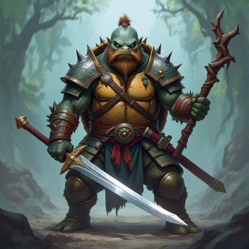 Turtle monk with a short sword and a staff, with a spiky beard and no hair