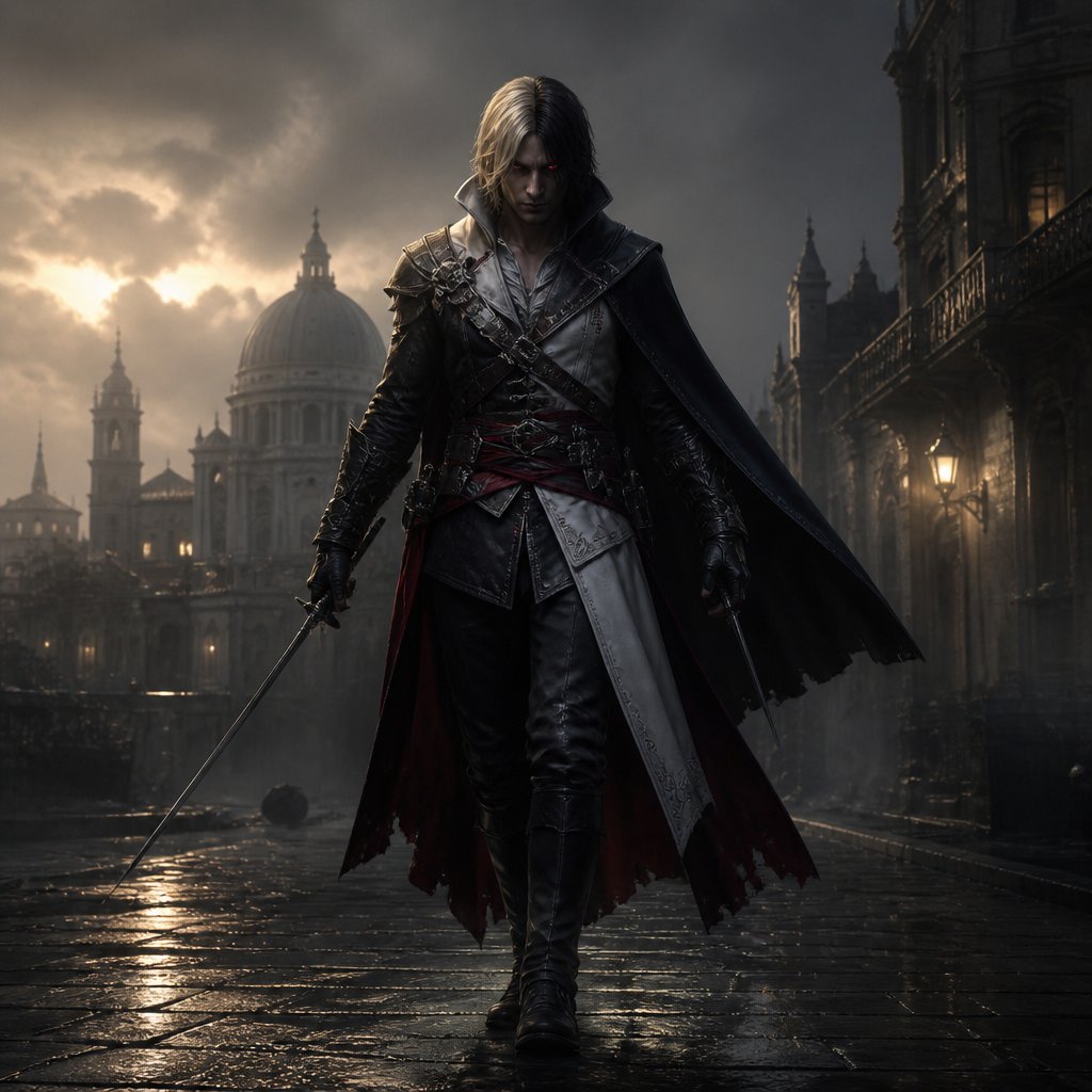 assassin with left half blonde and right half black hair left eye colored red