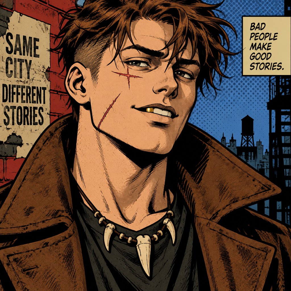 Male, no facial hair, brown choppy messy hair undercut, pale, gold tooth, scar under eye, scar on cheek, brown long jacket, tooth necklace, smirk