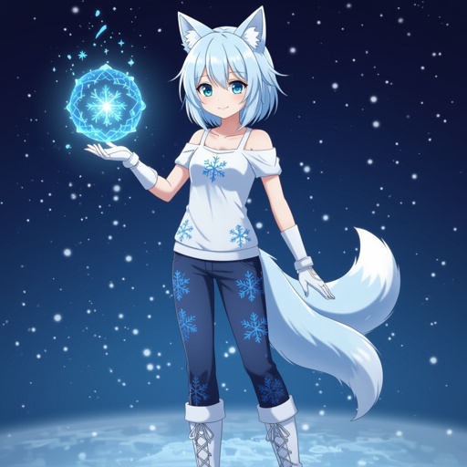 A pale teenage girl with a height of 5’1. Aqua green eyes wearing a white top and trousers with gleaming blue snowflakes and diamonds. Short white hair with a snow fox tail and ears. Wears long gloves and boots conducting ice