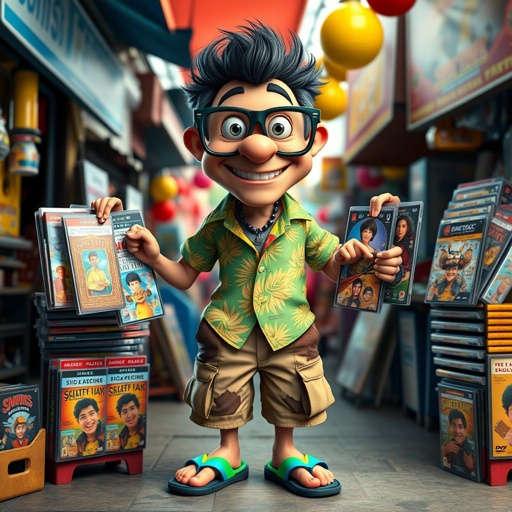 create a guy name bootleg who sellers dvd's for movies that are fake dvds. Make him funny looking. And make sure the image shows him head to toe like his whole outfit