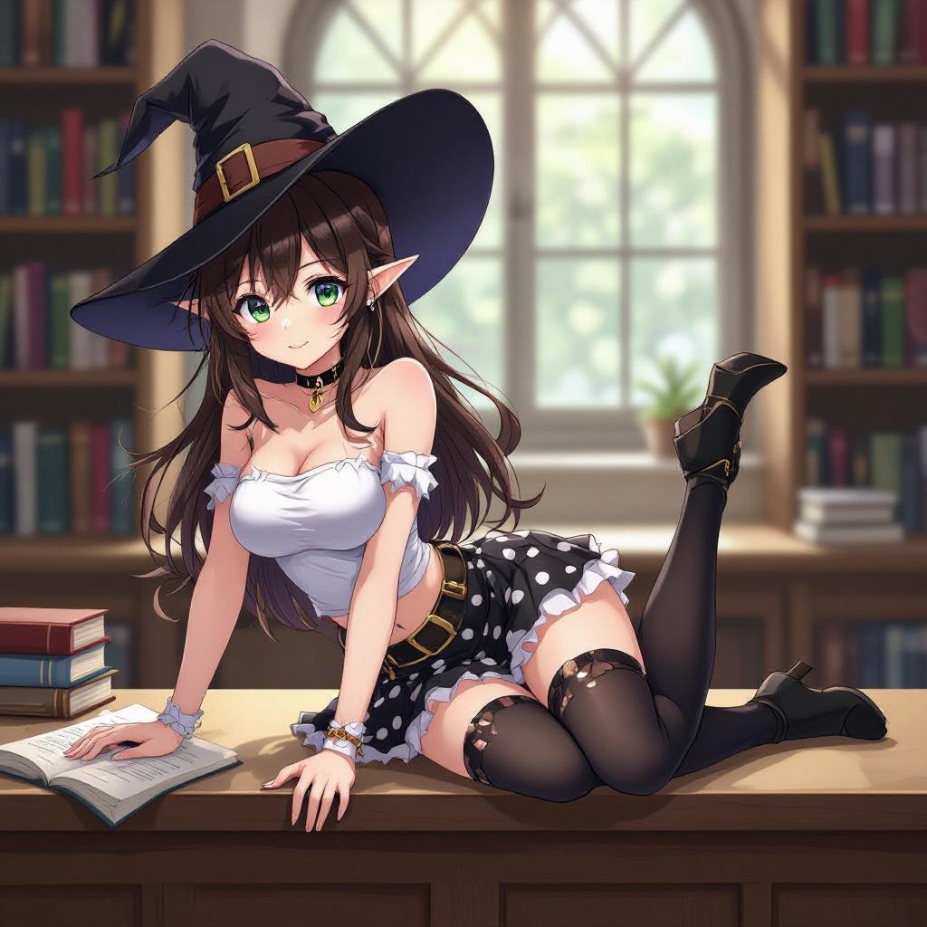 Tight Black and White Polka up Dot Miniskirt Elf Witch Librarian with Brunette Hair. Tight white tube top and witches hat. Laying on top a library counter. Battle Damaged clothes