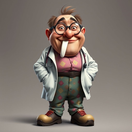 create a fat doctor. Who is funny human looking from head to toe. And he always immediately results to surgery for anything even small things. So please be sure to show his whole outfit head to toe. Make him have 1 tooth