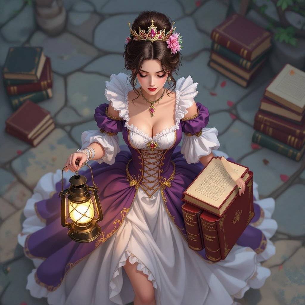 top view, battle map view, aerial view, woman, fancy dress, crown, holding a lantern, holding books, looking down, no background, stop looking up, top view, view of the top of her head, carrying books, looking down; zoomed out