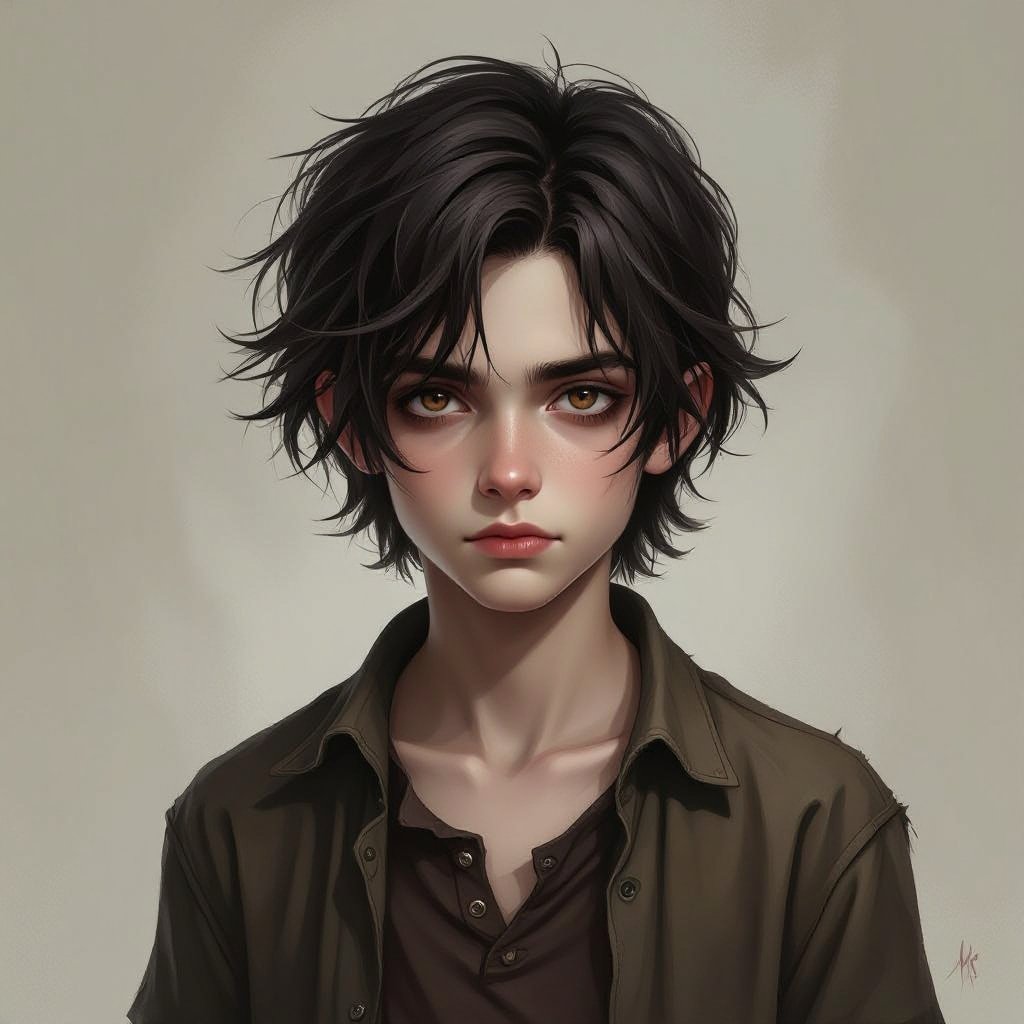 Mysterious teen boy with dark brown hair brown eyes and with a dark past