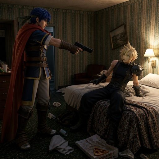 ike from super smash bros in a hotel room holds a gun cloud strife from final fantasy 7 is scared