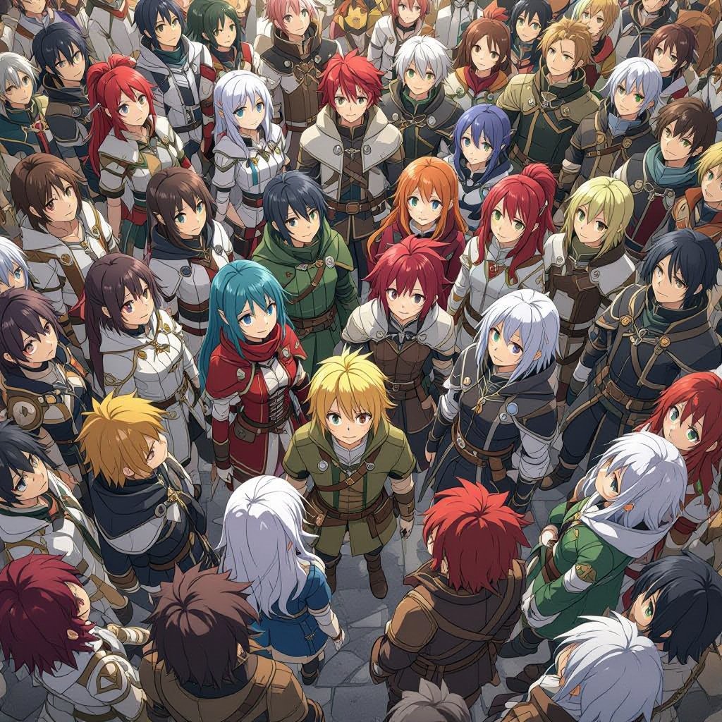 aerial view, Downward view, large crow of people, D&D, humans, all ages, all genders, top of heads, normal hair colors