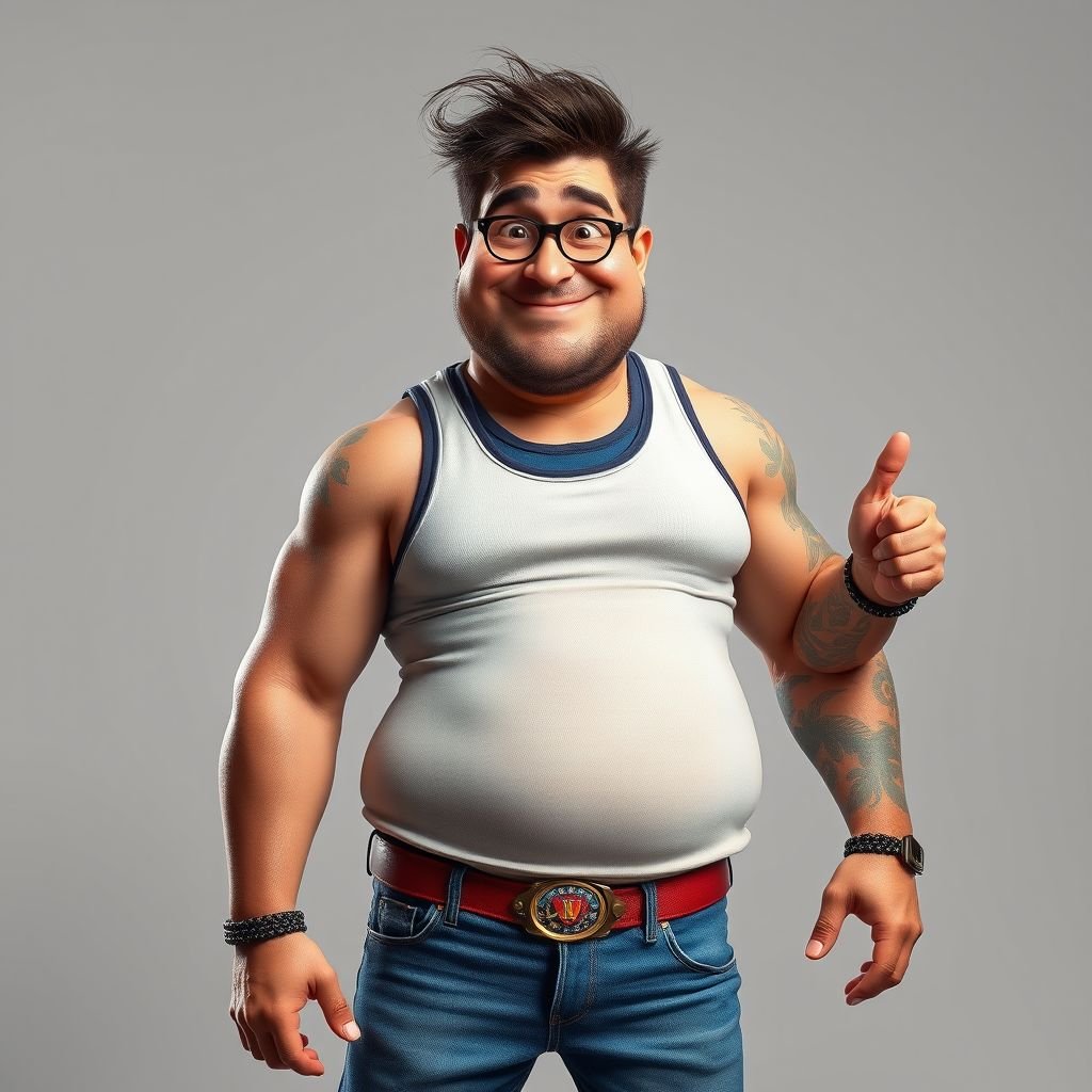 Create a funny looking man who’s jeans and tank top is so tight head to toe
