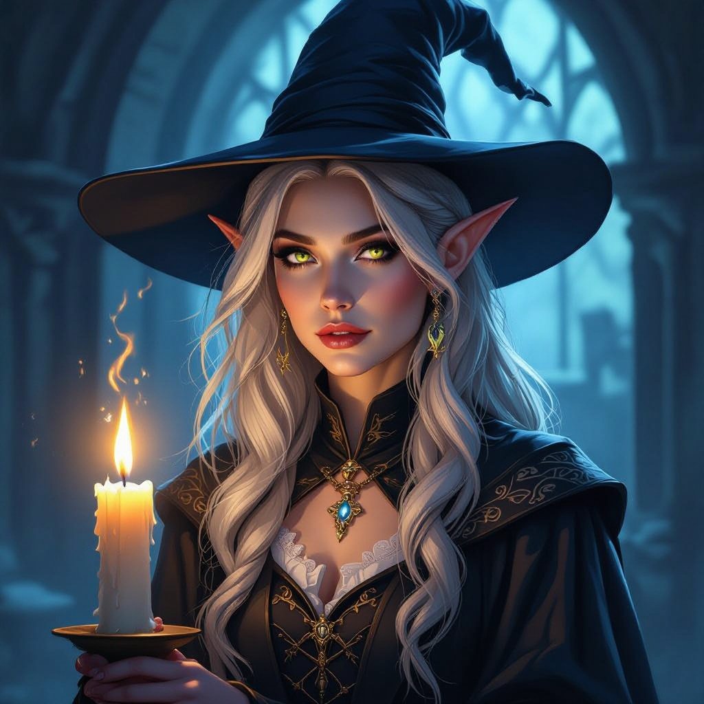 A semi-realistic, fantasy-parody portrait of Mythanna Junedae, the High Elf Wizard of Abjuration known as The Enigmatic Librarian.  Scene & Lighting Set within the Eight Mages Academy library — tall rune-lit shelves and drifting motes of golden dust. Warm candlelight mixes with cool magical glow from abjuration sigils swirling faintly around her. The tone balances academic gravitas with theatrical flair — tongue-in-cheek fantasy parody realism.  Appearance Mythanna stands in a confident, slightly playful pose, one hip cocked, surrounded by hovering spellbooks and glowing ward-circles. Her expression is both coy and calculating — the smile of someone who knows far more than she lets on. She has brunette wavy hair, luminous elven features, and expressive brown eyes that catch the light of the runes. Her ears are prominent and elegantly pointed. Her skin tone is soft fair ivory with a faint warm flush.  Iconic Outfit (Hard-Locked) • White blouse with puffed sleeves and a black ribbon bow at the collar. • Black rune-stitched corset worn over the blouse, fitted and elegant. • High-waisted black-and-white polka-dot skirt, ending mid-thigh. • Dark thigh-high stockings leaving a bare-thigh gap visible. • Shin-high rune-stitched boots, practical yet fashionable. • A small pearl pendant rests at her throat — her arcane focus. • Hat of Wizardry, decorated with tiny polka-dot runes and a faint magical shimmer, sits jauntily atop her hair.  Magic & Effects • Glowing golden abjuration sigils orbit around her hands and wrists. • Several floating tomes hover nearby, their pages turning of their own accord. • A soft halo of protective wards (circles and geometric lines of light) surrounds her body, subtly transparent. • Her Pearl of Power glows at her throat, pulsing in sync with the wards. • She holds her Wand of Magic Missiles, carved and polished, faintly glowing at the tip.  Composition Full-body portrait framed from head to shins, 2:3 aspect. Candle-warm foreground light with cool sigil back-glow. Parody-fantasy realism style — equal parts glamorous and arcane.