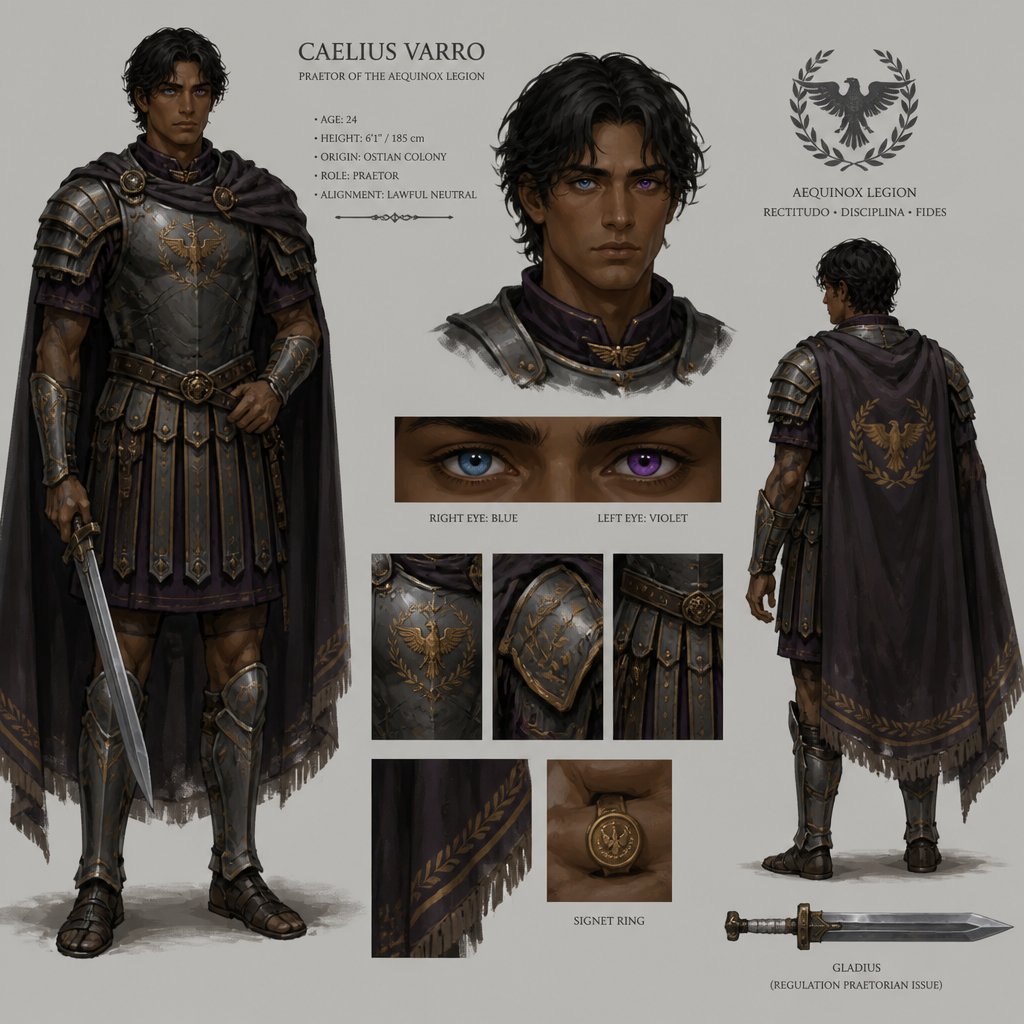 brown skinned young man with medium black hair with heterochromia blue right eye and violet left eye wearing grey praetor armor