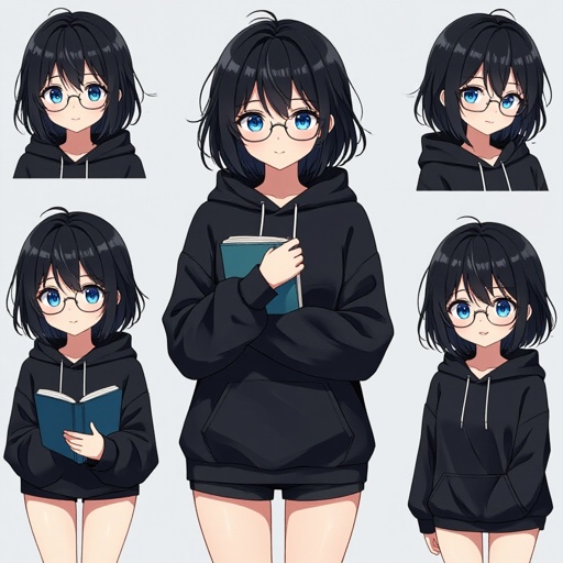a girl with a flap chest, wears a oversized black hoodie and black shorts, has very short black, messy hair, beautiful blue eyes, wears perscription glasses, holding a book close to her chest, cute and beautiful