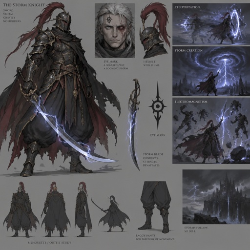 lightning dark knight, plume helmet, grey hair, eye of the storm mark, baggy pants, scar eye, teleportation ability, storm creation, lightning curved sword, electromagnetism manipulation