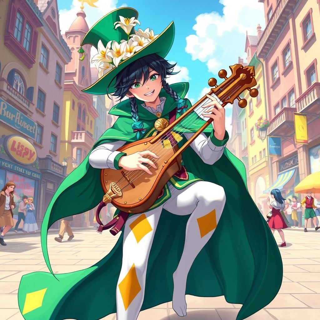 A teenage boy in the form of a bard wearing a green cape with white tights with yellow diamond on each leg, has white lilies on his hat, with black hair with small braids with cyan coloured tips playing the lyre in a peaceful city in early noon