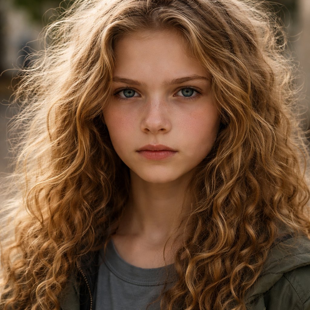A 15 year old girl who has frizzy blonde hair and blue eyes. She looks determined.