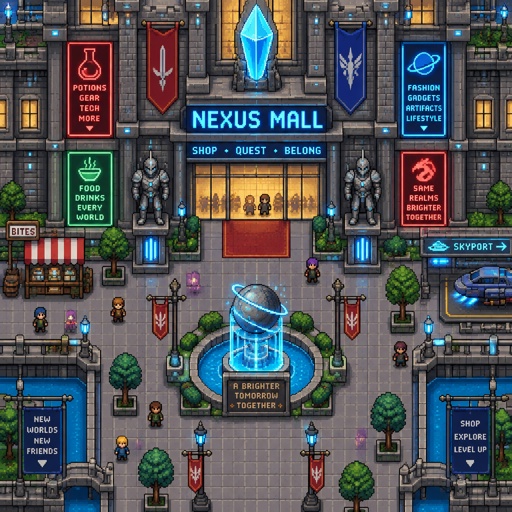 Outside of Mall for a futuristic fantasy city game, exterior, top down style