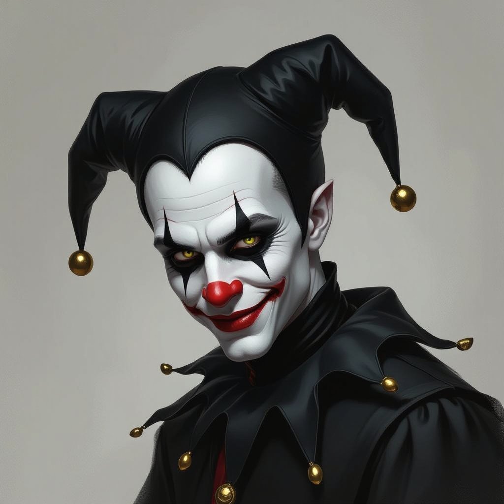 A jester of dark humor but vampire and dress all black 