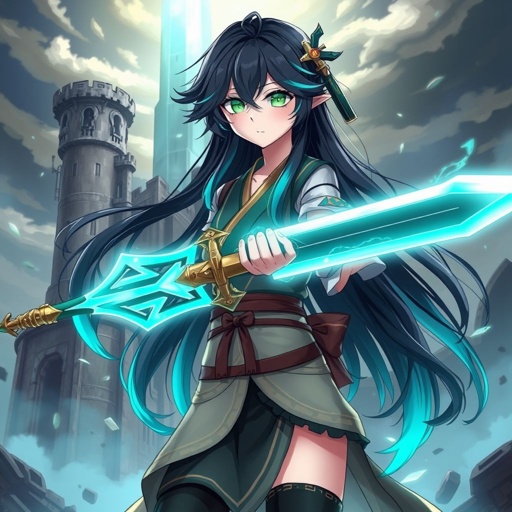A mildly pale teenage girl. Two-piece clothing, glowing emerald eyes, hair as black as coal with cyan tips weighed down by a legendary sword, levitating in front of an abandoned tower