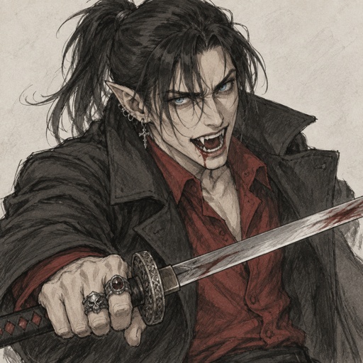 Male, Asian, black ponytail with side bangs on one side, blue eyes, trench coat, vampire, ear piercing, rings, pointy ears, sword, insane, red shirt