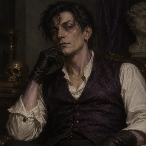 Male, slim, slight eye bags, black messy wavy hair, back hair, brushed side hair, strands of hair in the middle of forehead, ear piercing ring, gloves, purple glowing veins, purple vest, white shirt, no facial hair, bad guy, mid 40s
