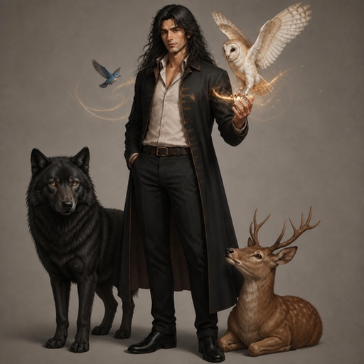 a man standing next to a dog and an owl