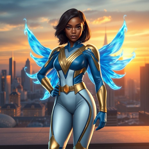 A young African American female superhero with shoulder length hair in a side part style wearing a blue and white suit made of spandex like material that’s slightly armored with gold accents with white pants and gold boots with a stylized V as her chest emblem with wings made of blue fire standing in Philadelphia at dawn