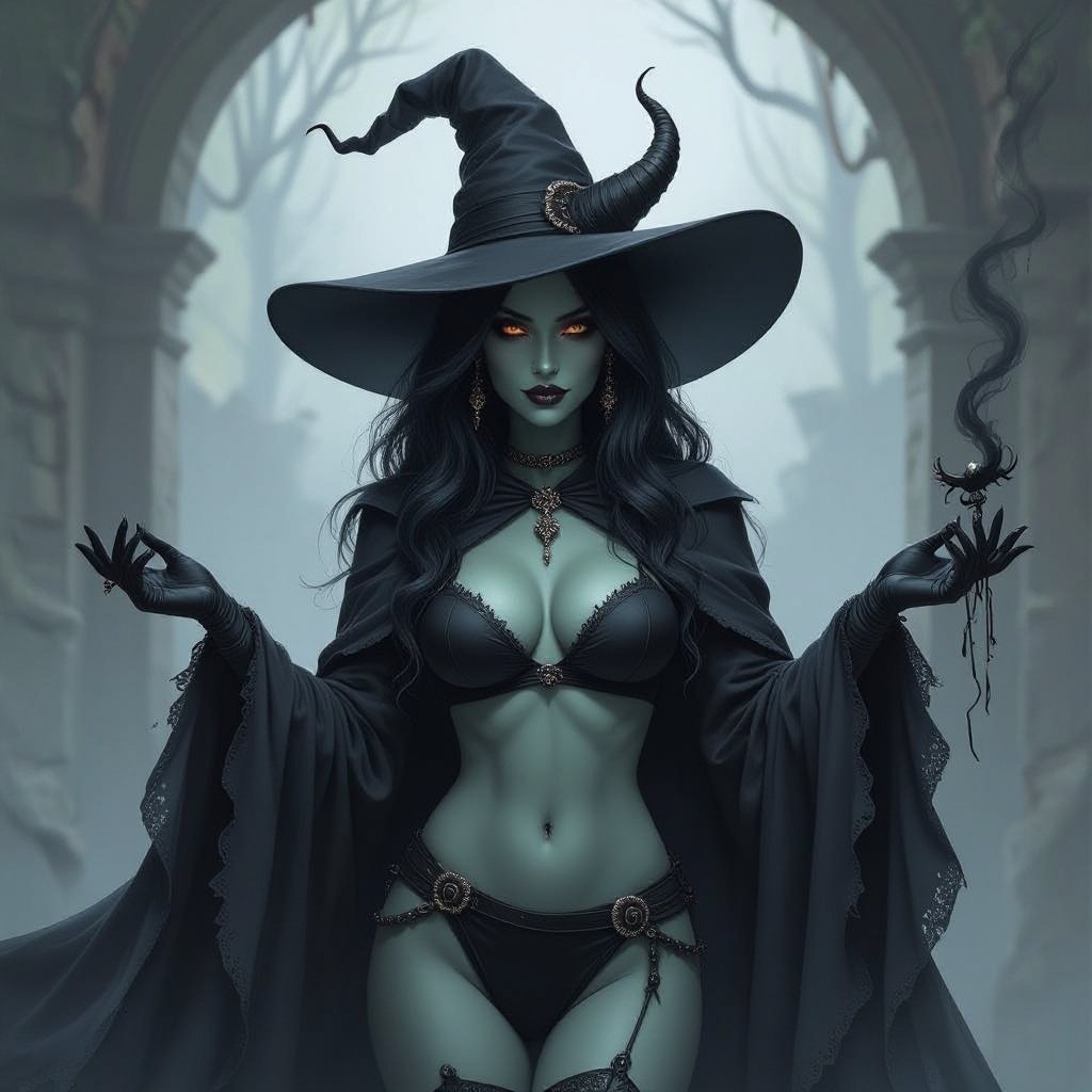 sexy shadow demon witch gypsy slate grey skin large black billowing cloak that emits darkness and shadow. Two piece. Witches Hat. Two Demon horns