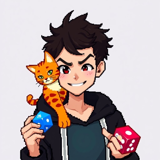 A guy with dark brown hair who holds epic looking dices normal size with 20 sides in one hand, he wears a black hoodie and he has 1 orange cat with pretty design at his shoulder, and has a small smile, his nails are not painted