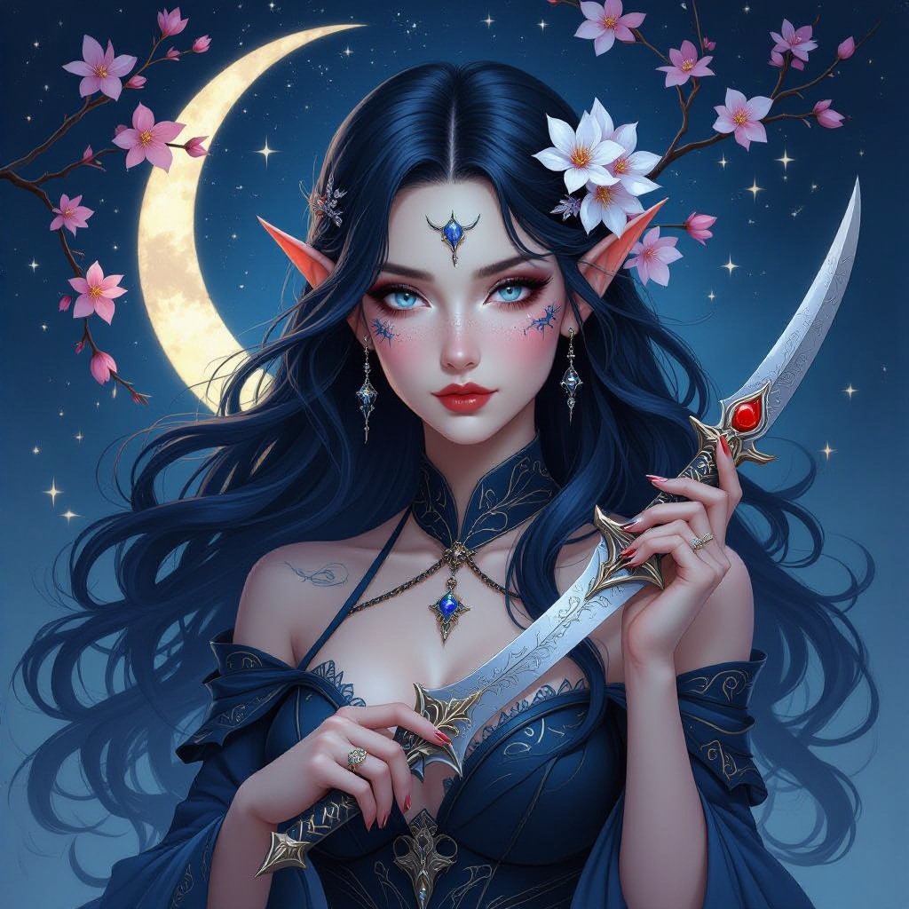 She is an elf. She has really long hair. Her hair is a dark blue ombre to black. She has star freckles across her face and she has a scar going through her right eyebrow closet to her nose. She has a crescent moon birthmark behind her left ear close to the ear lobe. Her eyes are grey.she is 4’8. She has on a long sleeve top. The sleeves flow down to and cuff at her wrist. She has on a weapon strap around her upper body. She has black pants going into black boots. She has a knife strap on her right leg and she has a sword strap around her waist. She has a small snake around her arm and shoulder. She has a black hair stick with small cherry blossoms, snowflakes and a small silver sword dangling from the hair stick. She has a solver locket with a small moon and a scallop shell on the front and on the back it has the initials E.N. in neat cursive. In her right hand she is holding a dagger. The hilt of the dagger has small moon phases on it with a red gem. In her left hand she is holding a small stone with a red spider lily flower carved into it. On her right shoulder blade she has a Draco constellation.
