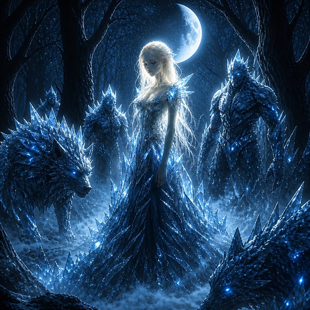 a woman standing in the middle of a forest with three wolfs