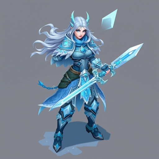 Create a battle woman hero called Alvara the Frostheart. Show full body head to toe including shoes