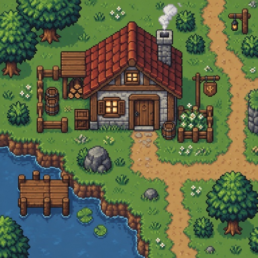 Old small house, unique, for a modern fantasy game, exterior, top down style, shading and highlights
