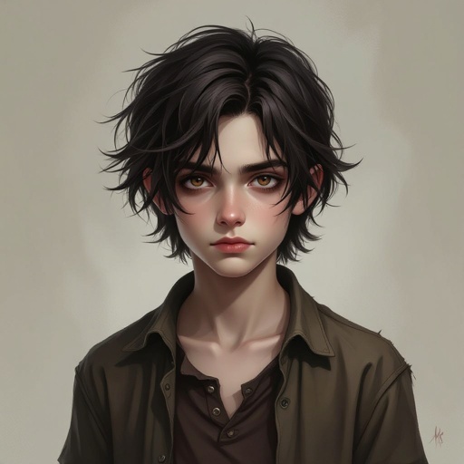 Mysterious teen boy with dark brown hair brown eyes and with a dark past