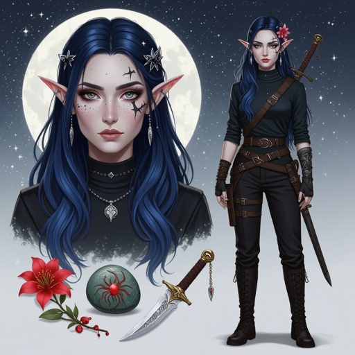 She is an elf. She has long hair. Her hair is a dark blue ombre to black. She has star freckles across her face and she has a scar going through her right eyebrow closet to her nose. She has a crescent moon birthmark behind her left ear close to the ear lobe. Her eyes are grey.she is 4’8. She has on a long sleeve top. The sleeves flow down to and cuff at her wrist. She has on a weapon strap around her upper body. She has black pants going into black boots. She has a knife strap on her right leg and she has a sword strap around her waist. She has a small snake around her arm and shoulder. She has a black hair stick with small cherry blossoms, snowflakes and a small silver sword dangling from the hair stick. She has a solver locket with a small moon and a scallop shell on the front and on the back it has the initials E.N. in neat cursive. In her right hand she is holding a dagger. The hilt of the dagger has small moon phases on it with a red gem. In her left hand she is holding a small stone with a red spider lily flower carved into it. On her right shoulder blade she has a Draco constellation.